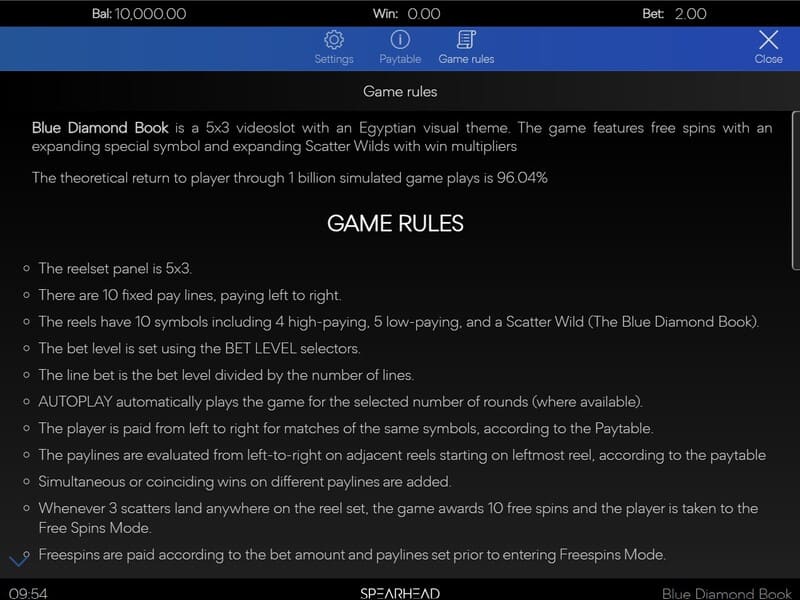 Reglas de la máquina tragaperras Blue Diamond Book